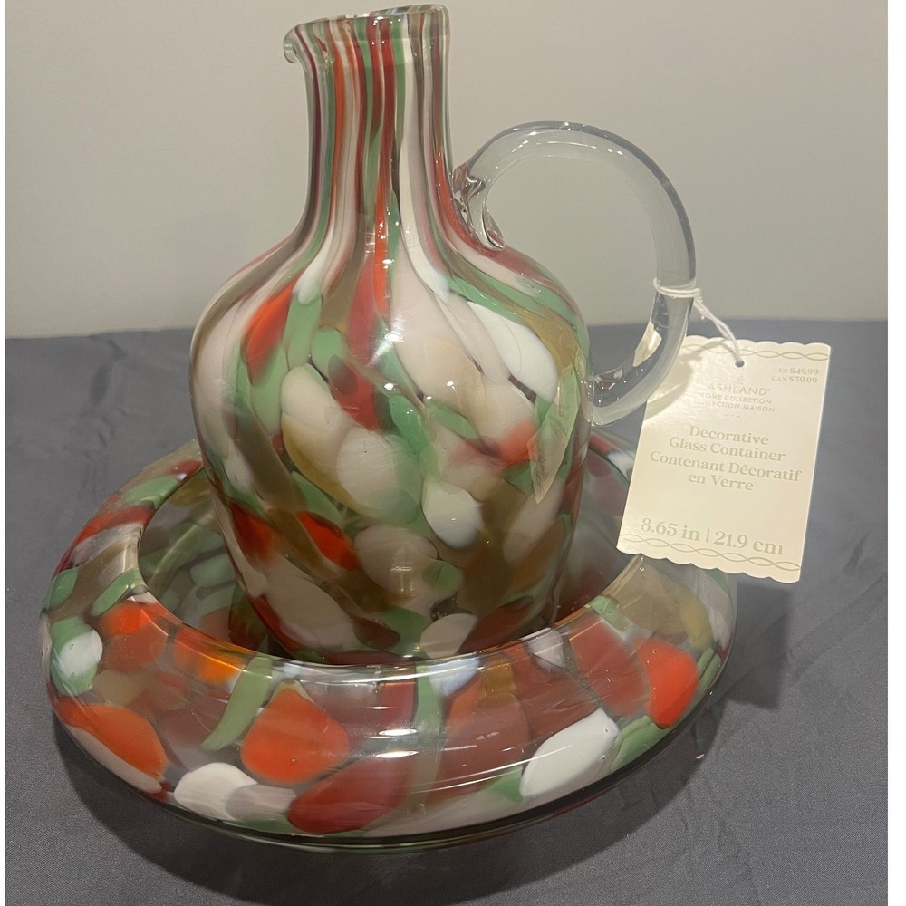 Ashland Home Collection Confetti Glass Pitcher and Bowl Set Red Green White NEW